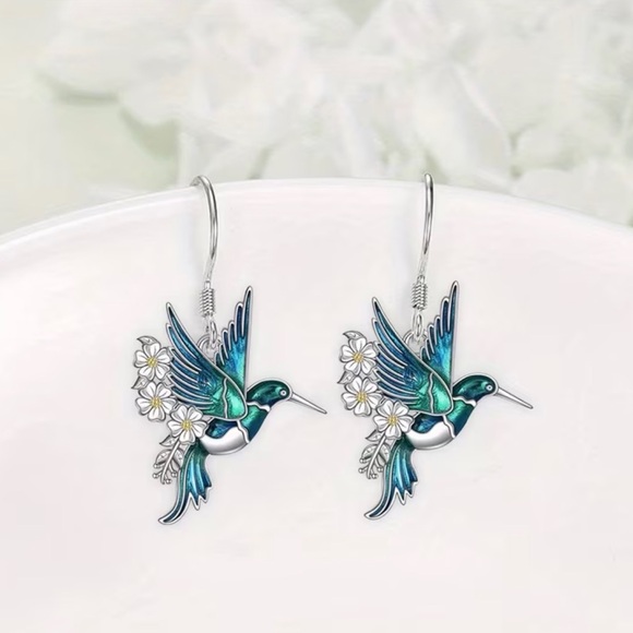 Blue and Silver Hummingbird Earrings Set. - Picture 3 of 5